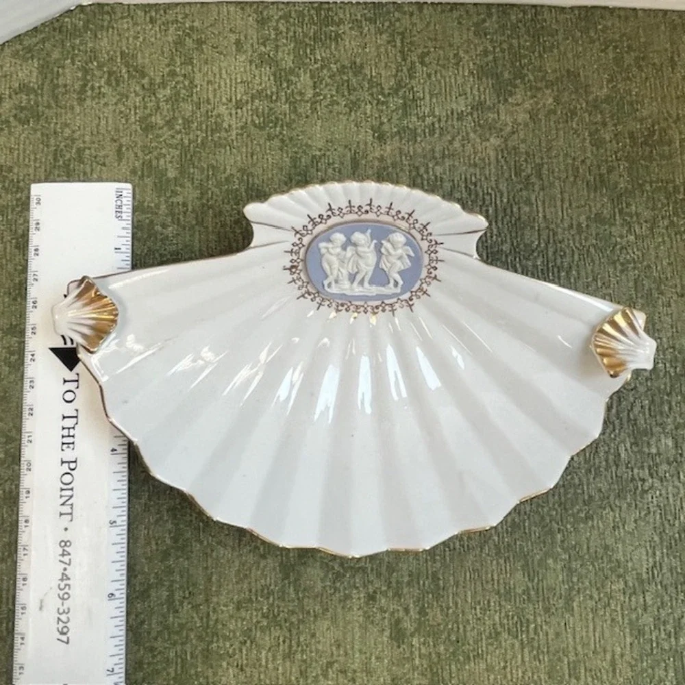 Vintage Porcelain Shell Dish Blue Jasperware Cherub Cameo Gold Trim 6998 9 Inch